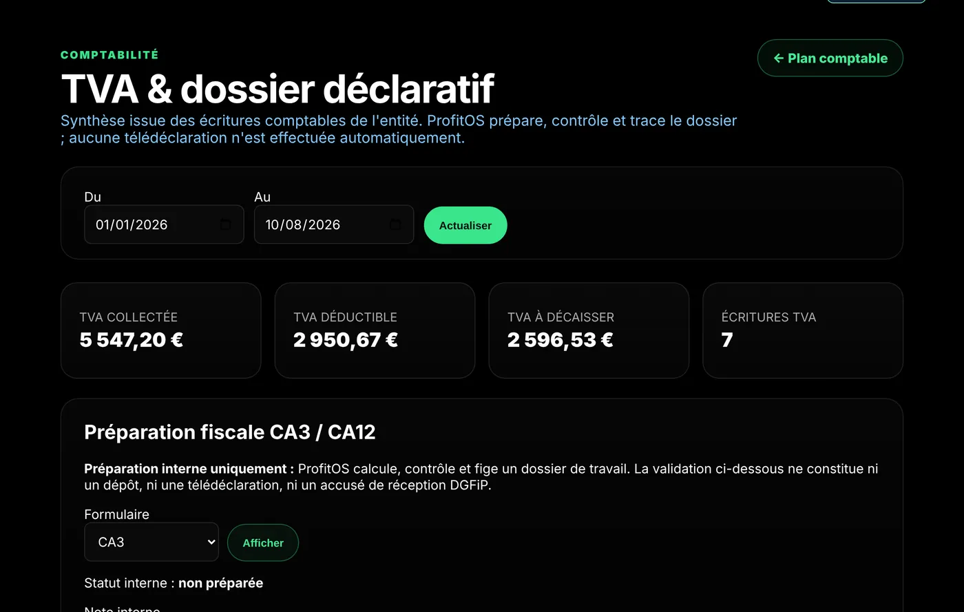 Préparation de la TVA dans ProfitOS : TVA collectée, déductible et à décaisser