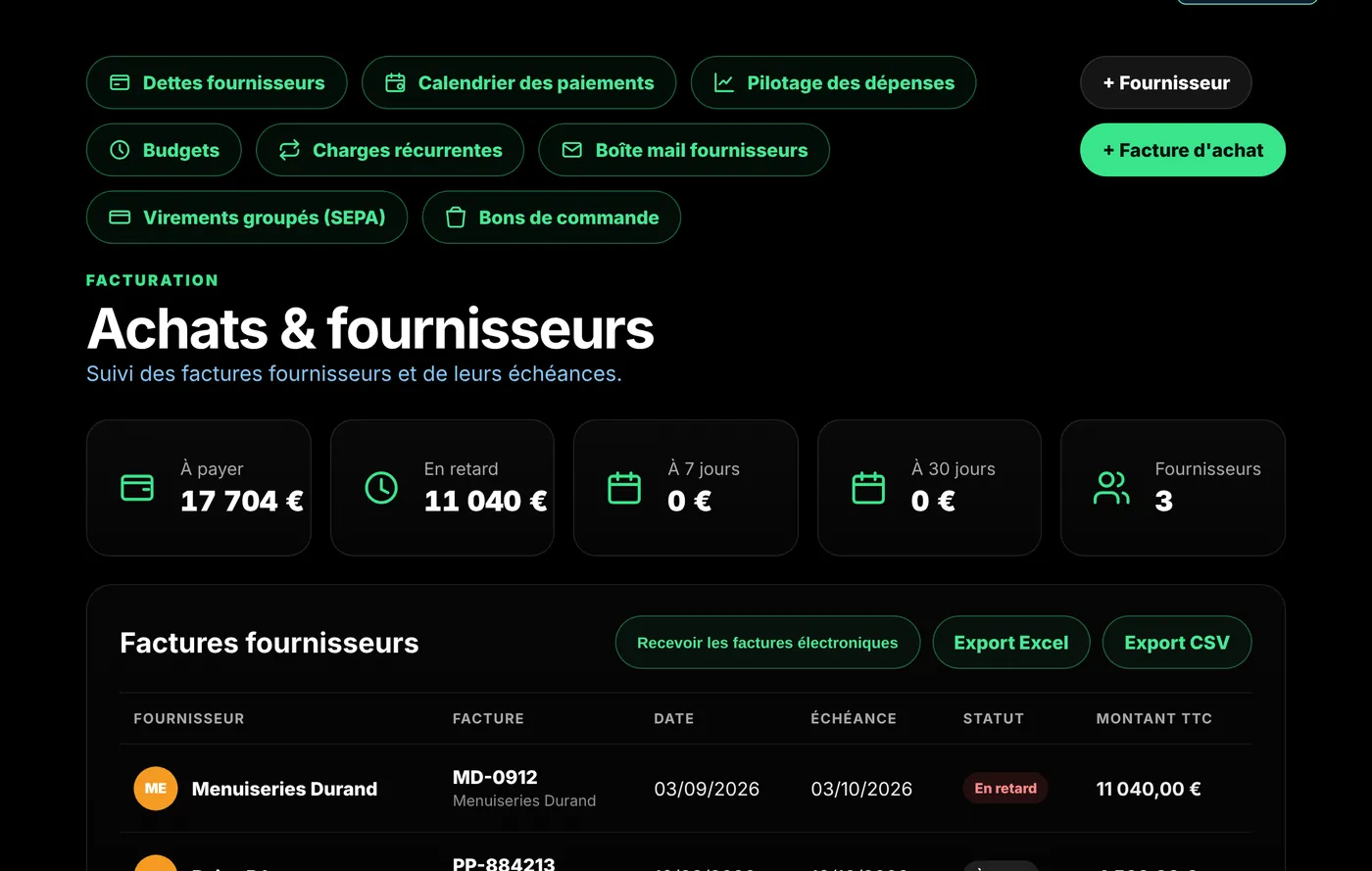 Liste des factures fournisseurs ProfitOS avec montants à payer, en retard et échéances
